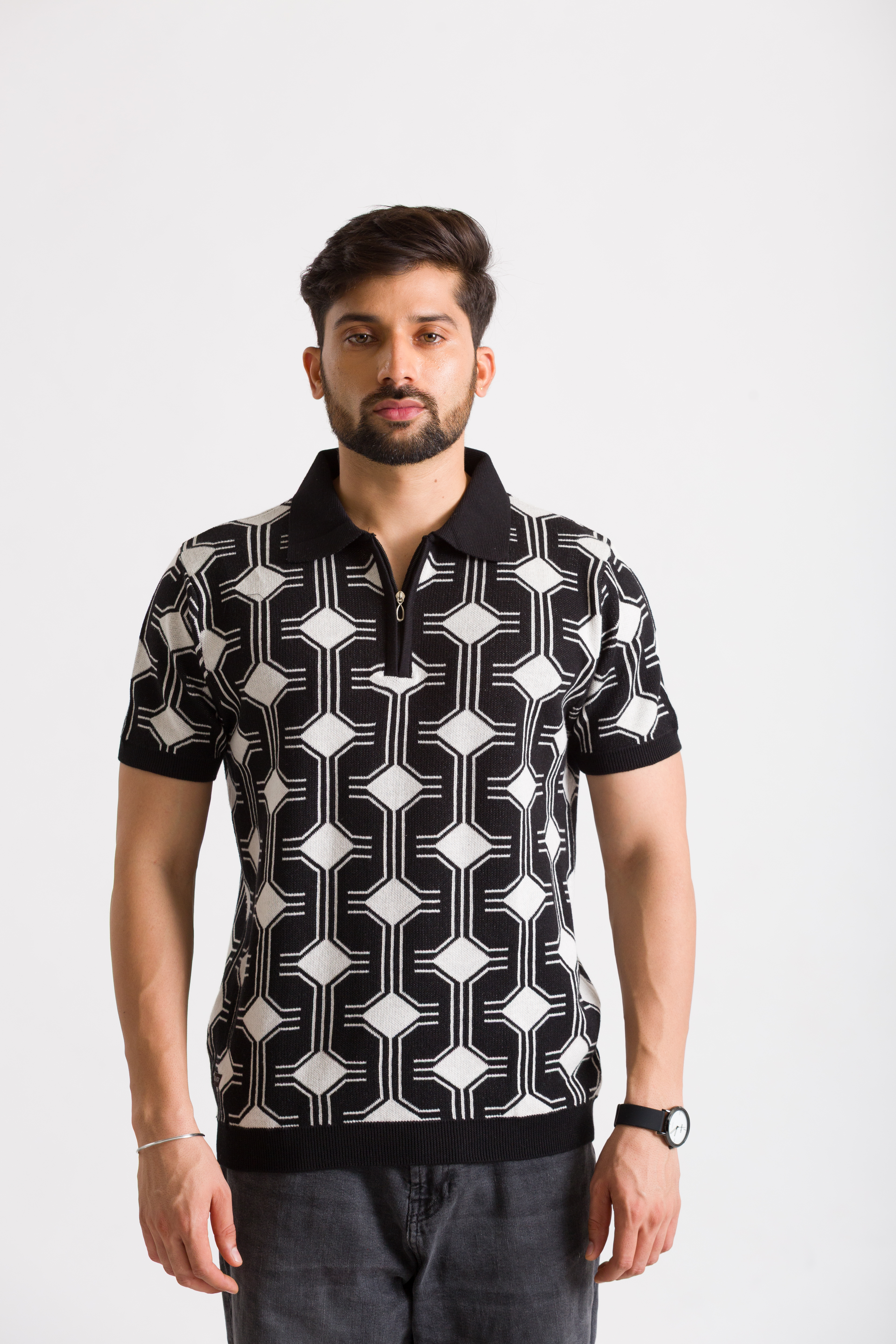 Knitted Black Jacquard Polo T-Shirt